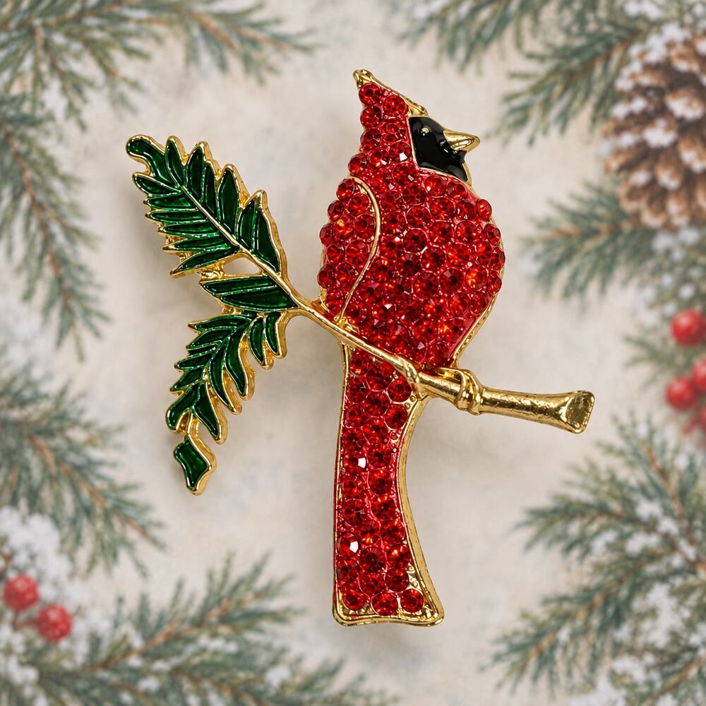 Red Cardinal Rhinestone Brooch Pin Gold Tone Christmas Bird Holly 2.25" CP170